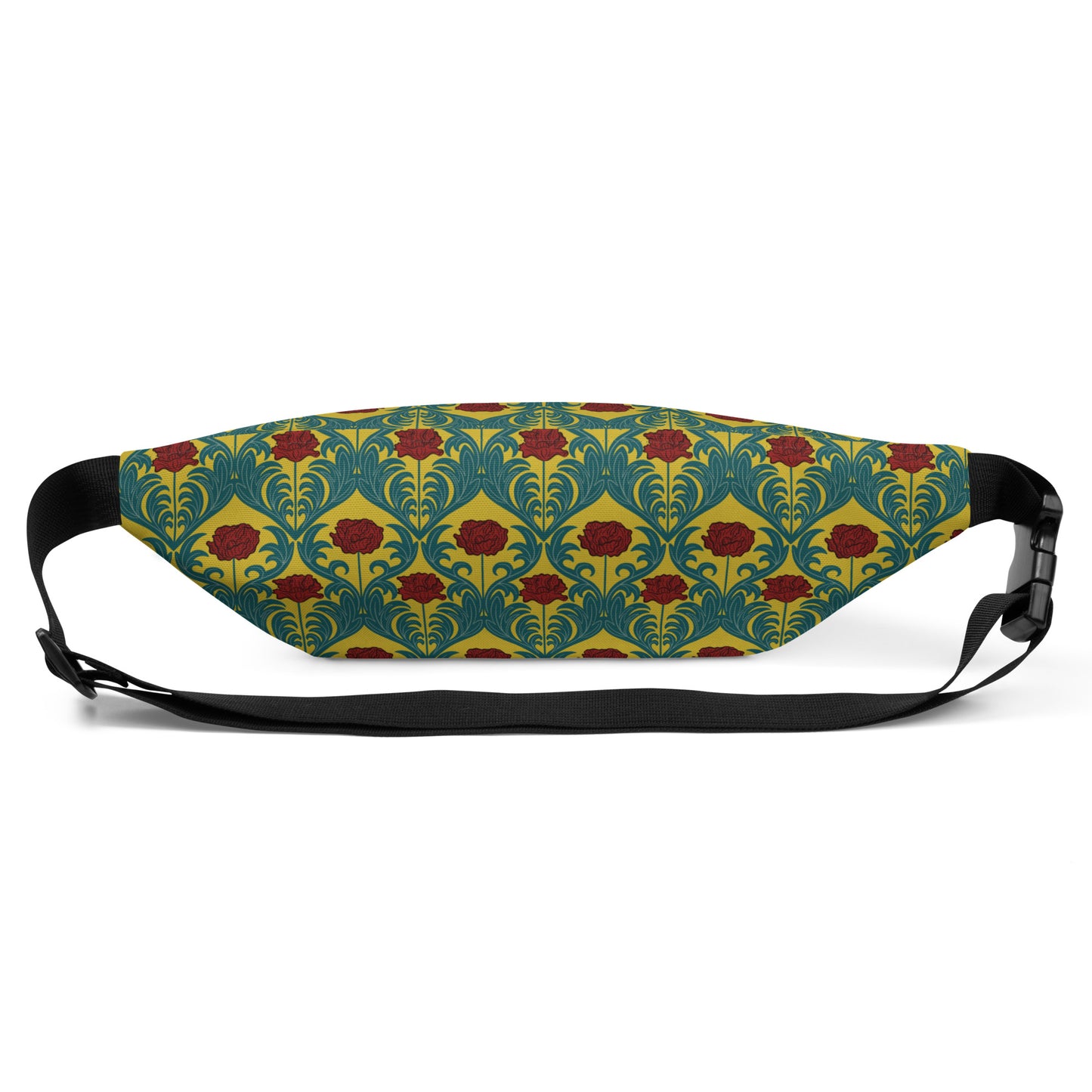 Yellow fanny pack with red flowers and green leaves