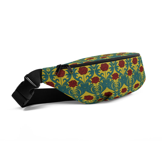 Yellow fanny pack with red flowers and green leaves