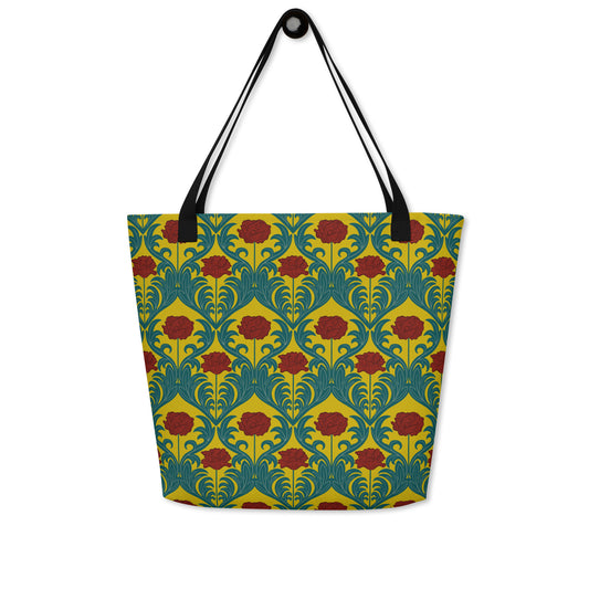 Red Poppy Damask on Mustard Deluxe Market Tote