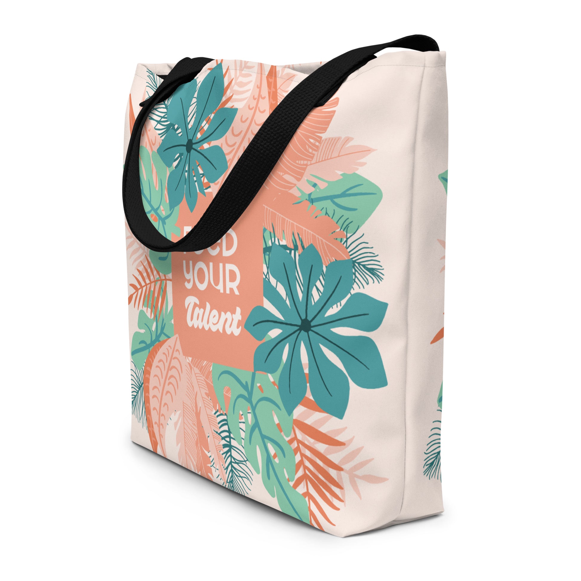 Tropical tote bag with the saying feed your talent