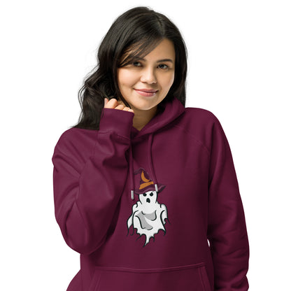 Model wearing a hoodie with a ghost wearing a witch hat