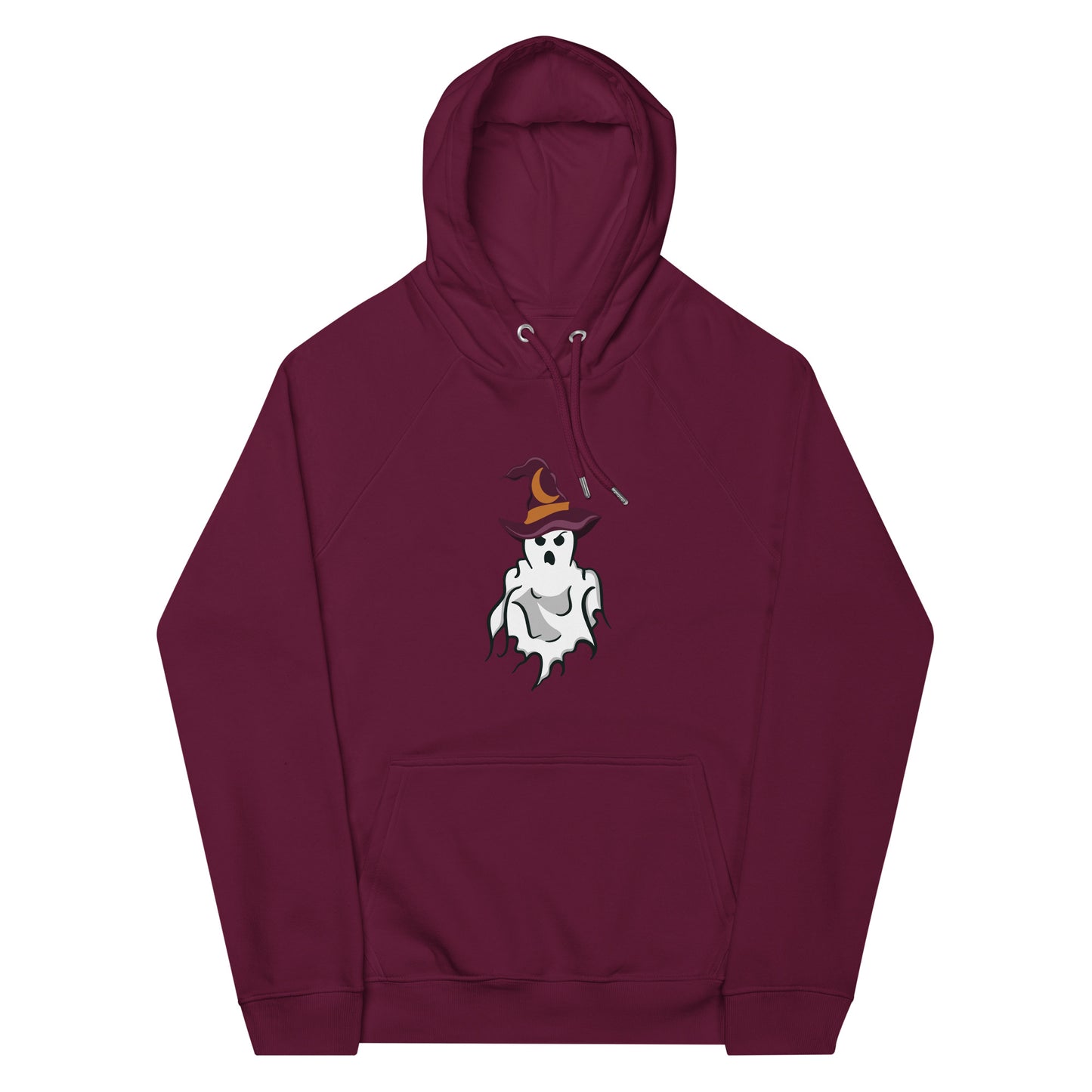 Hoodie with a ghost wearing a witch hatModel wearing a hoodie with a ghost wearing a witch hat