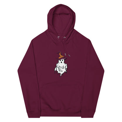 Hoodie with a ghost wearing a witch hatModel wearing a hoodie with a ghost wearing a witch hat