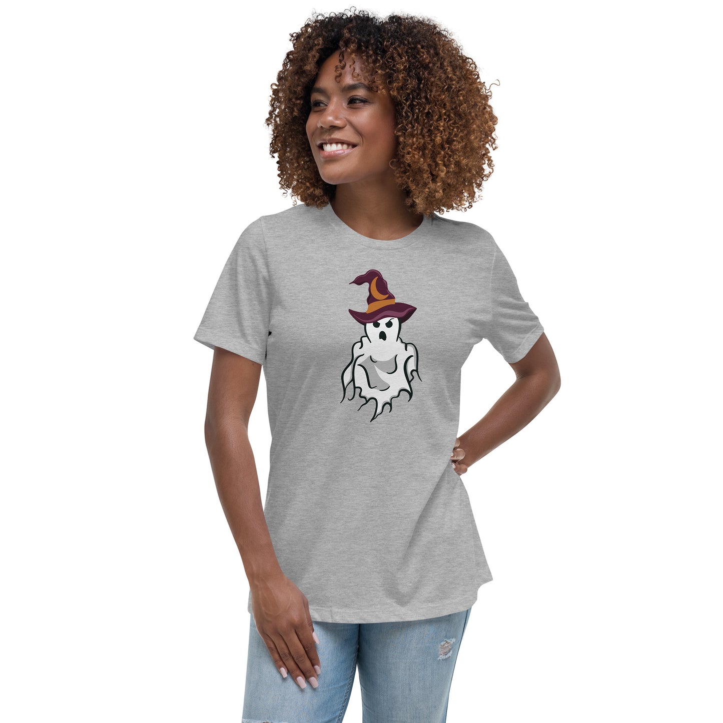 Model wearing shirt featuring a ghost wearing a witch hat