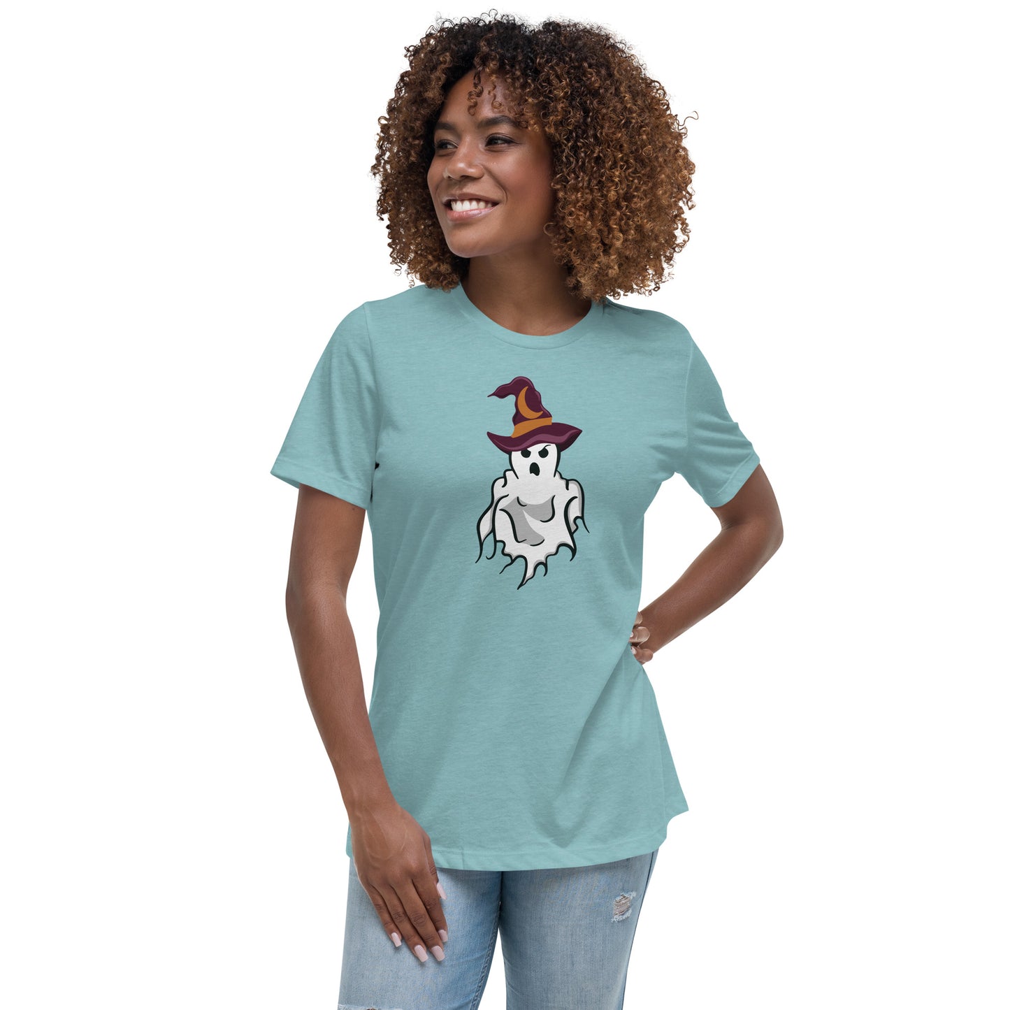 Model wearing a shirt featuring a ghost wearing a witch hat
