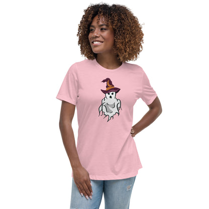 Model wearing a shirt featuring a ghost wearing a witch hat