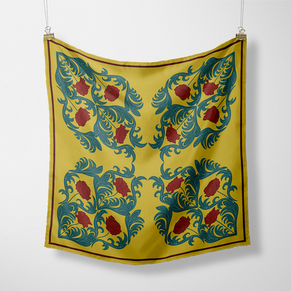Floral Mustard and Red Poppy Silk Scarf