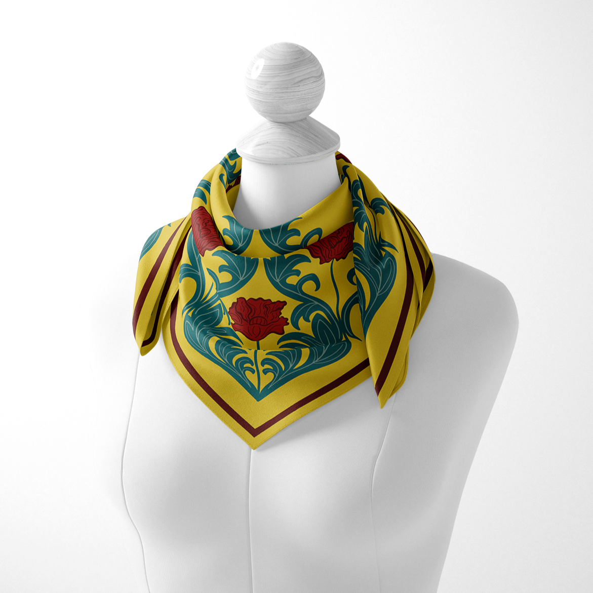 Floral Mustard and Red Poppy Silk Scarf