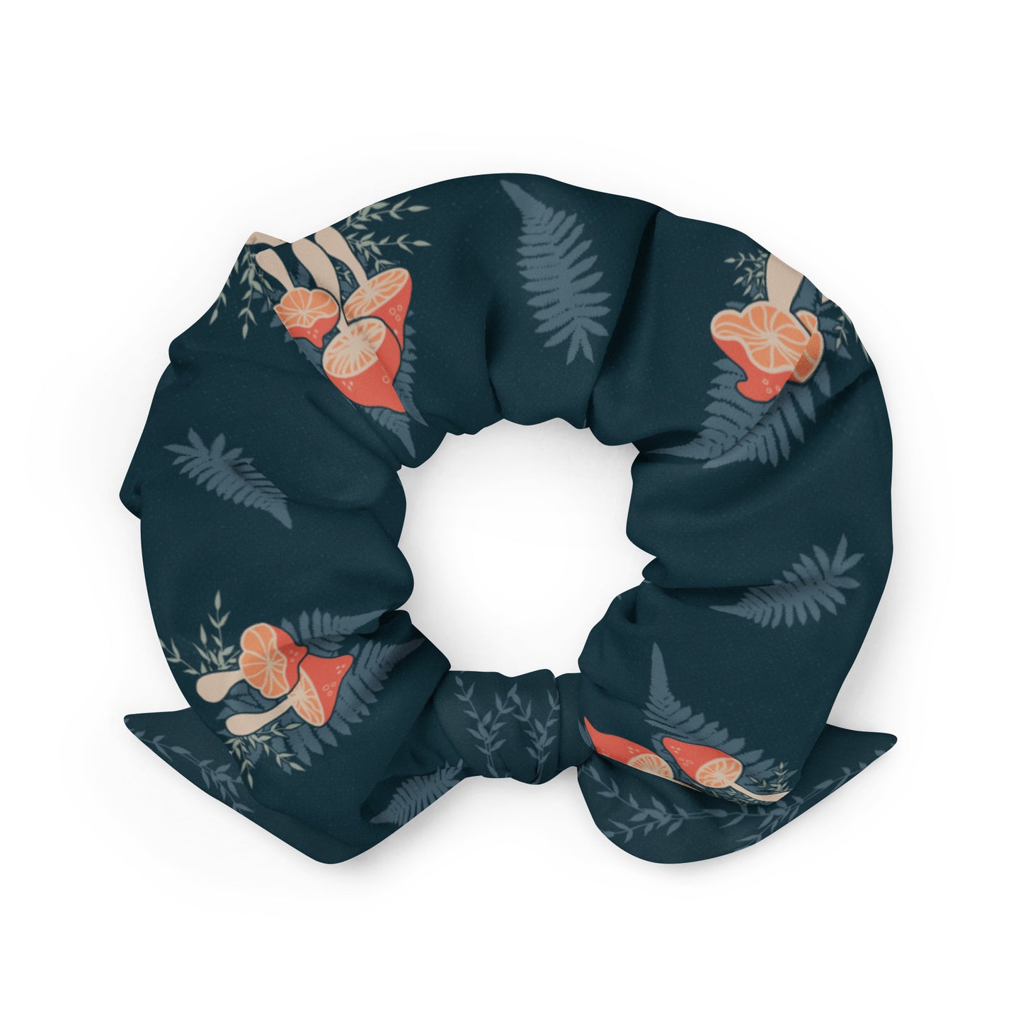 Coral & Navy Recycled Scrunchie Featuring Mushrooms & Ferns